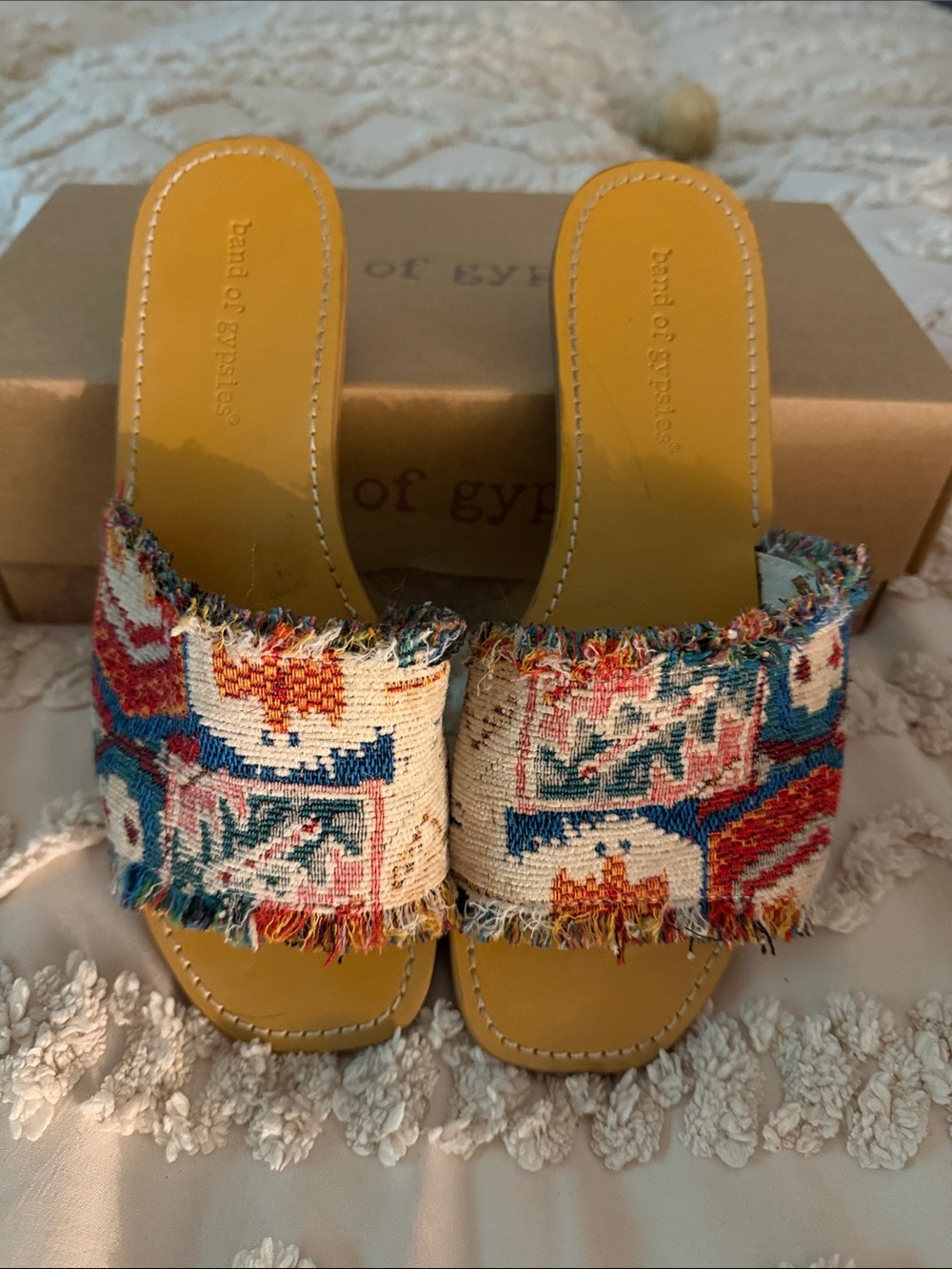 Band of Gypsies Mustard Slide Sandals with Multicolor Woven Strap